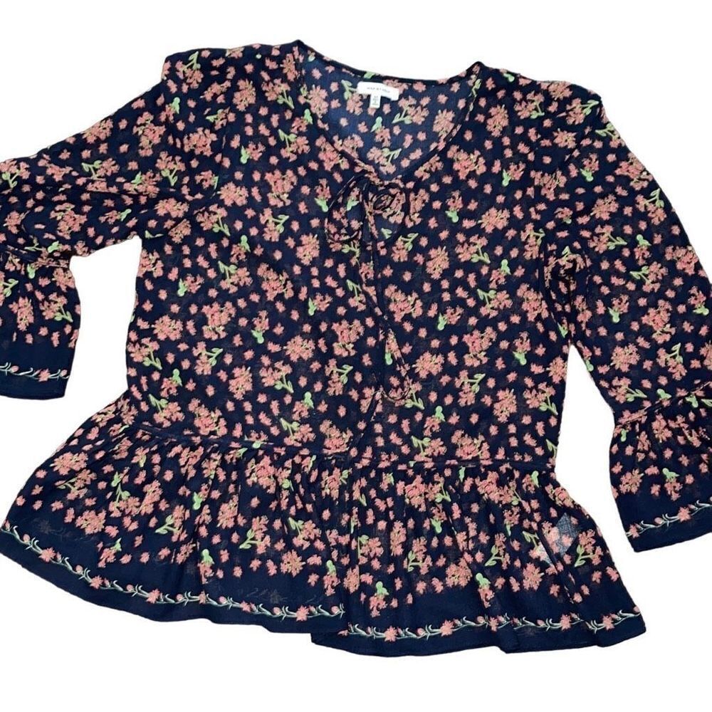 Max Studio Baby Doll Boho Blouse Blue/pink floral Size Medium